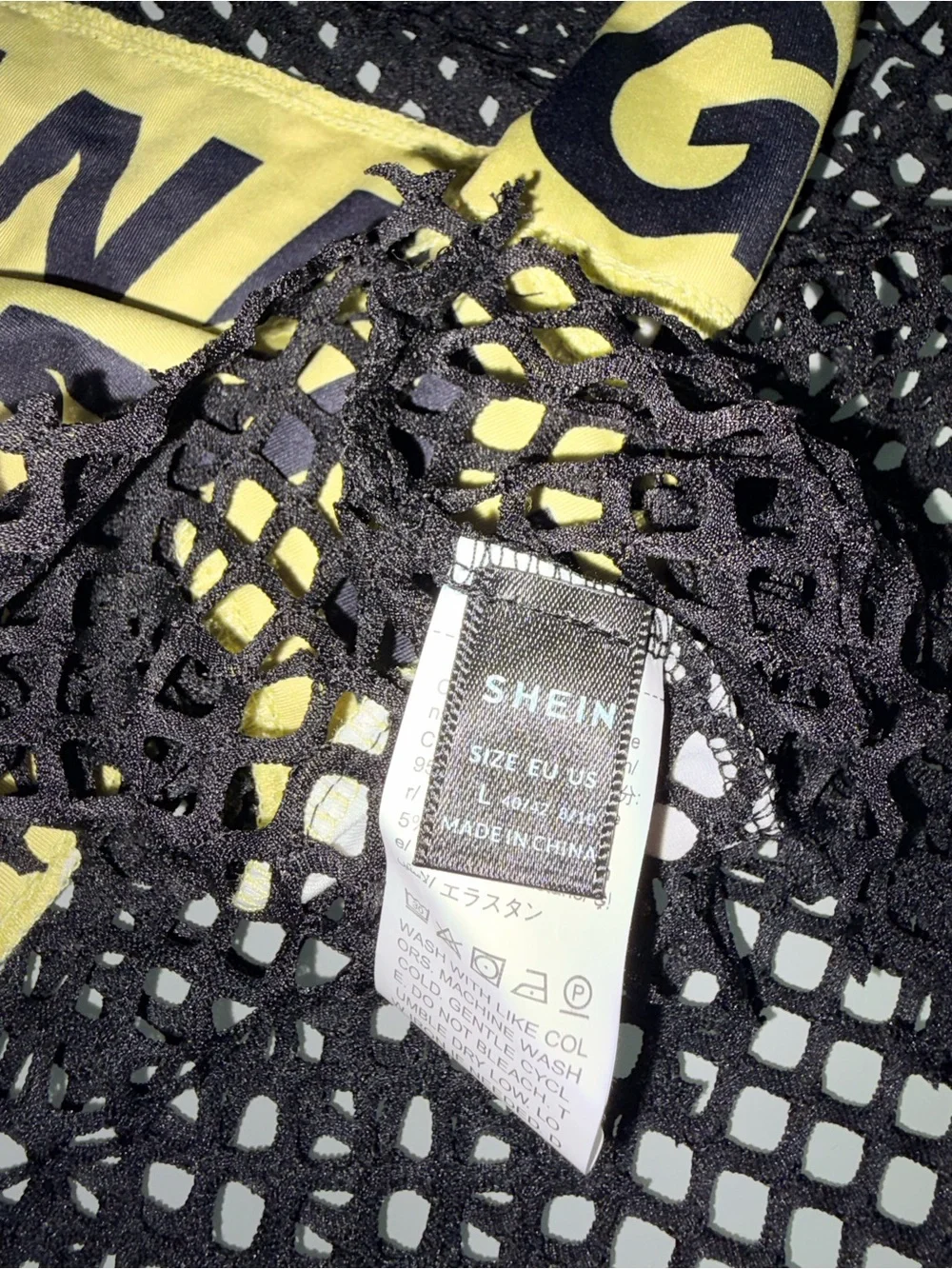 Black Fishnet Crop Top with Yellow Warning Band - Picture 5 of 5